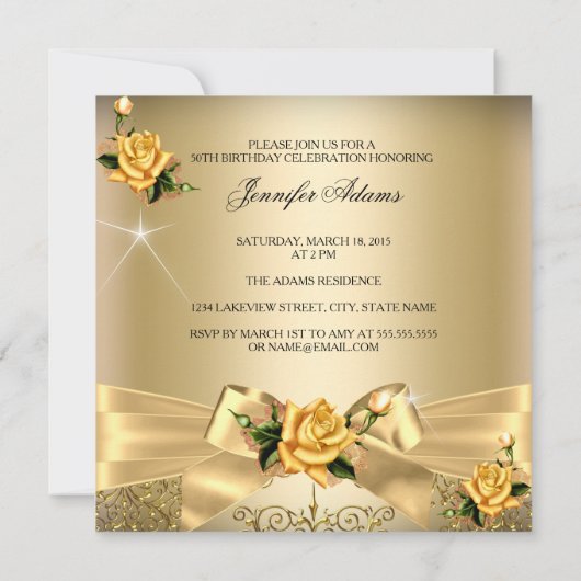 50と素晴らしい写真金ゴールドイエローローズボウ誕生日 招待状 (裏面)