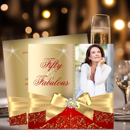 50と素晴らしい写真金ゴールドレッドボウ50誕生日 招待状