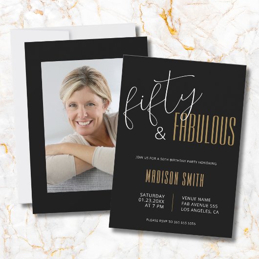 50と素晴らしい写真50th誕生日ブラック金ゴールド 招待状