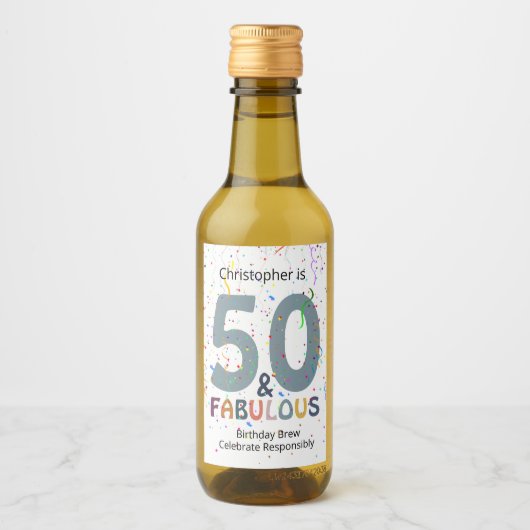 50と素晴らしい名前かわいいブルー紙吹雪誕生日 ワインラベル (正面)