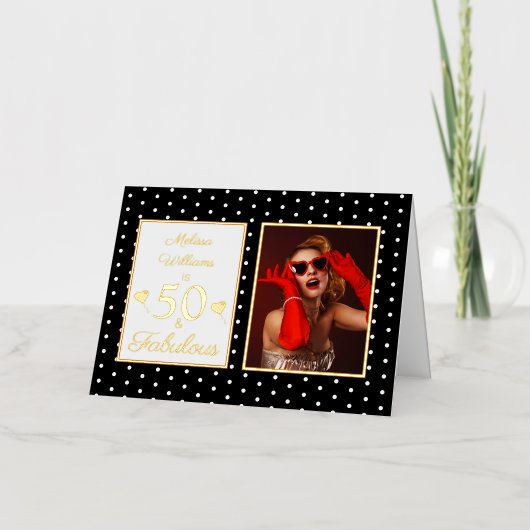 50と素晴らしい名前フォト白黒誕生日 箔グリーティングカード (正面)