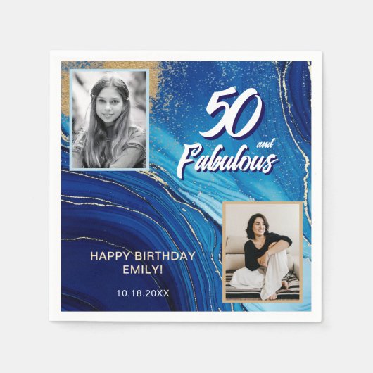50と素晴らしい大理石グリッター2フォト誕生日 スタンダードカクテルナプキン (正面)