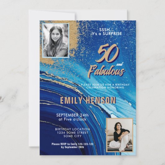 50と素晴らしい大理石グリッター2フォト誕生日 招待状 (正面)