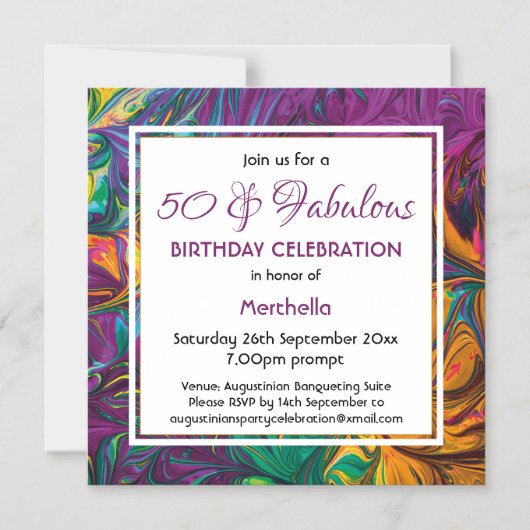 50と素晴らしい抽象芸術パープルカスタム誕生日 マグネット招待状 (正面)