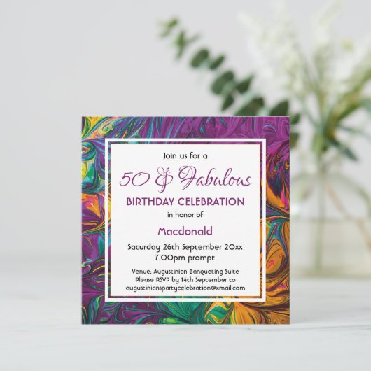 50と素晴らしい抽象芸術パープルカスタム誕生日 招待状 (スタンド正面)
