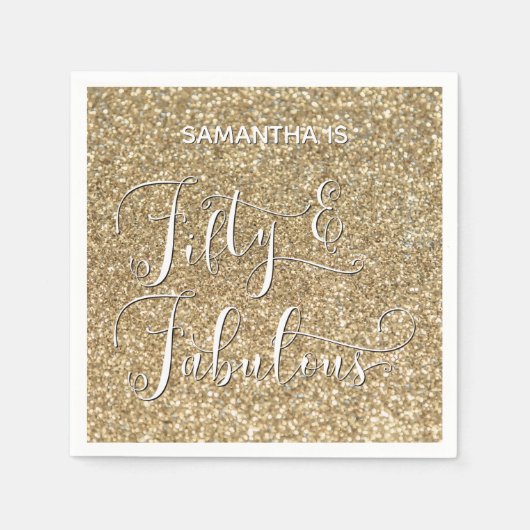 50と素晴らしい書道オン·金ゴールドグリッター スタンダードカクテルナプキン (正面)
