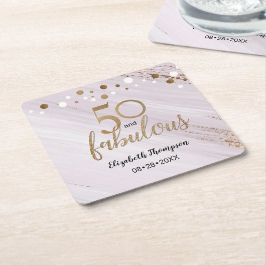 50と素晴らしい水の色と金ゴールドストロークカスタム スクエアペーパーコースター (アングル)