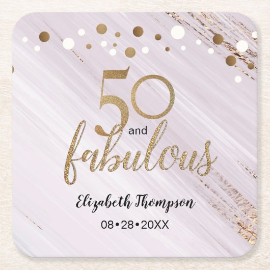 50と素晴らしい水の色と金ゴールドストロークカスタム スクエアペーパーコースター (正面)