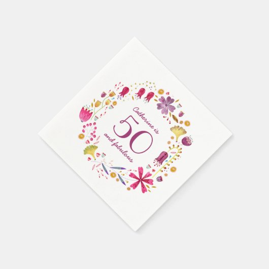 50と素晴らしい水の色のフローラ名誕生日 スタンダードカクテルナプキン (角)