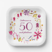 50と素晴らしい水の色のフローラ名誕生日 ペーパープレート (正面)