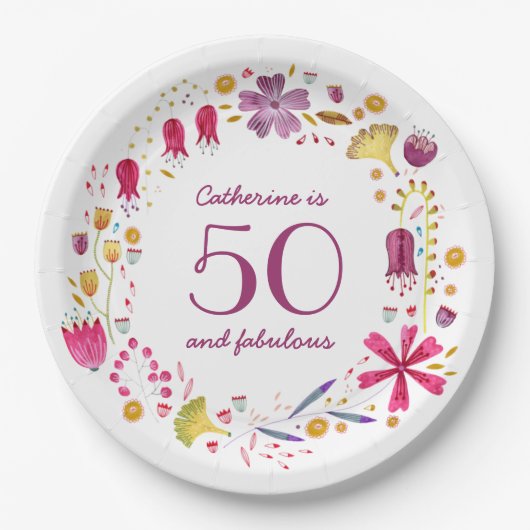 50と素晴らしい水の色のフローラ名誕生日 ペーパープレート (正面)