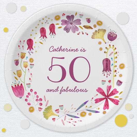 50と素晴らしい水の色のフローラ名誕生日 ペーパープレート