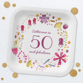 50と素晴らしい水の色のフローラ名誕生日 ペーパープレート