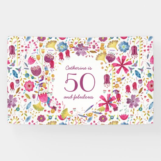 50と素晴らしい水の色のフローラ名誕生日 横断幕 (横)