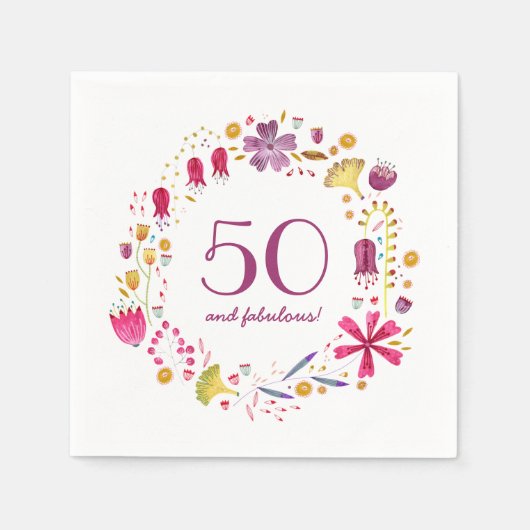 50と素晴らしい水の色のフローラ誕生日パーティー スタンダードカクテルナプキン (正面)