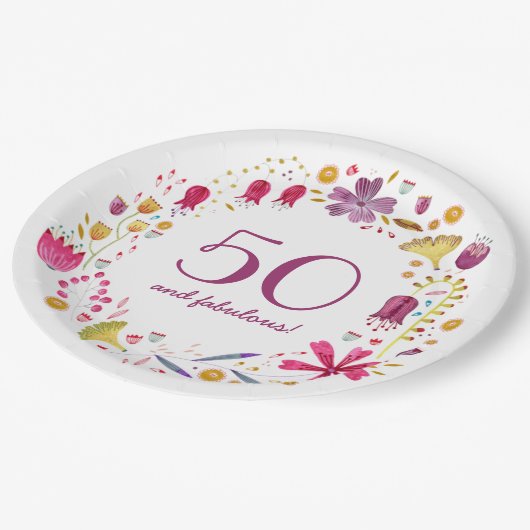 50と素晴らしい水の色のフローラ誕生日パーティー ペーパープレート (アングル)