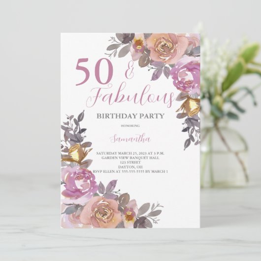 50と素晴らしい水の色のフローラ誕生日パーティー 招待状 (スタンド正面)