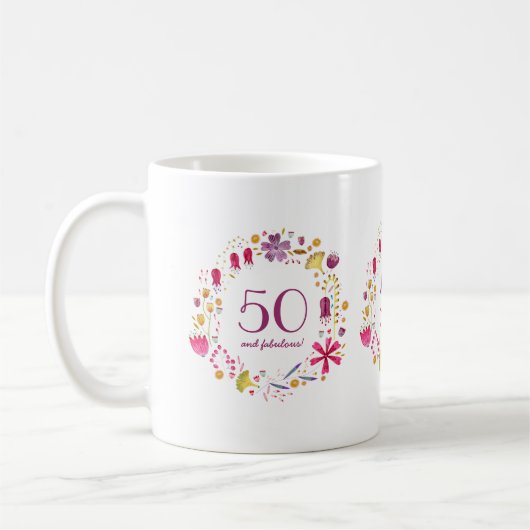 50と素晴らしい水の色のフローラ誕生日 コーヒーマグカップ (左)