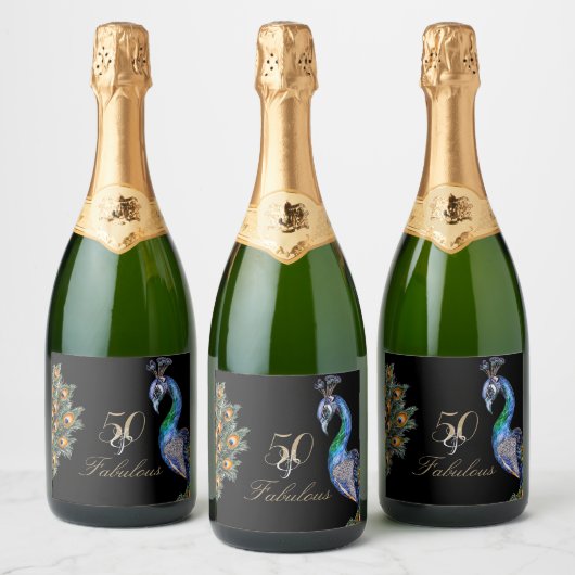 50と素晴らしい水エレガント色ピーコック誕生日 スパークリングワインラベル (ボトル)
