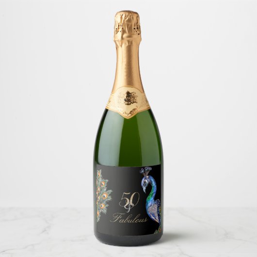 50と素晴らしい水エレガント色ピーコック誕生日 スパークリングワインラベル (正面)