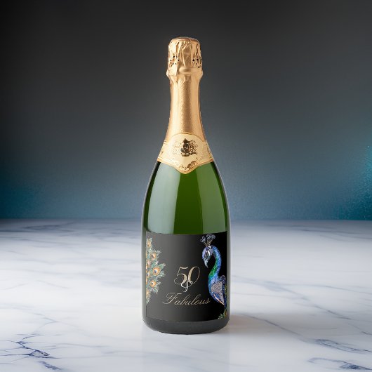 50と素晴らしい水エレガント色ピーコック誕生日 スパークリングワインラベル