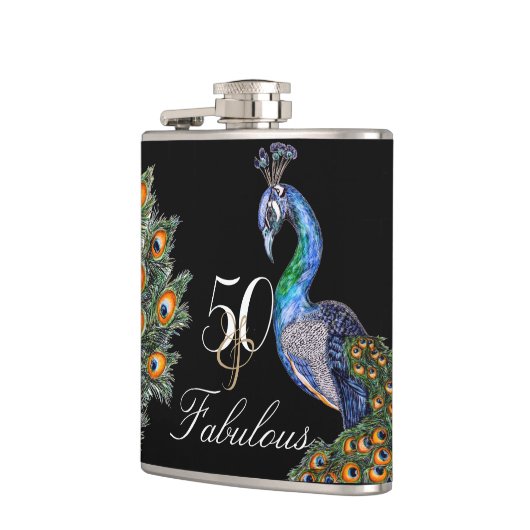 50と素晴らしい水エレガント色ピーコック誕生日 フラスク (左)