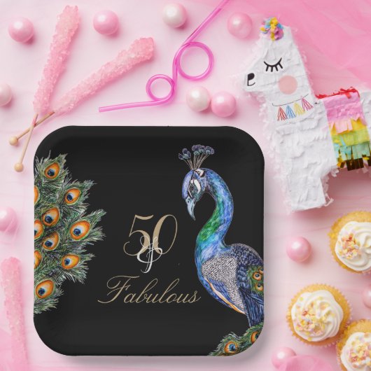 50と素晴らしい水エレガント色ピーコック誕生日 ペーパープレート (パーティー)