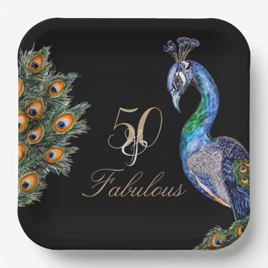 50と素晴らしい水エレガント色ピーコック誕生日 ペーパープレート (正面)