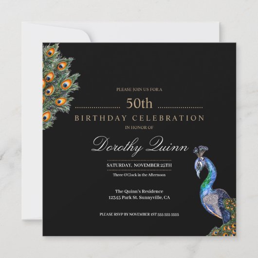 50と素晴らしい水エレガント色ピーコック誕生日 招待状 (正面)