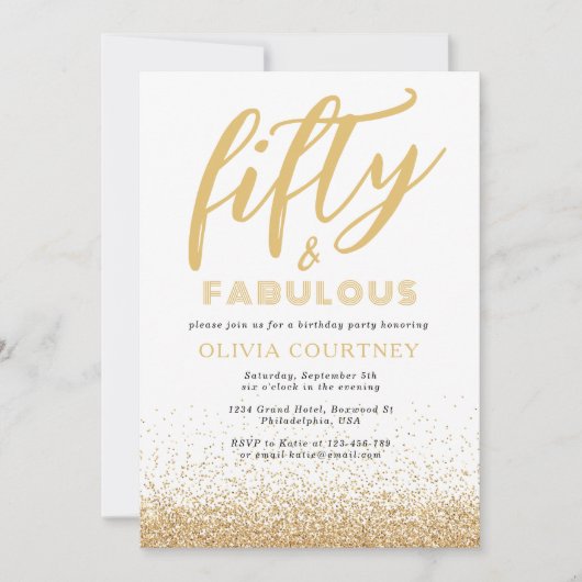 50と素晴らしい白と金ゴールドグリッター誕生日 招待状 (正面)