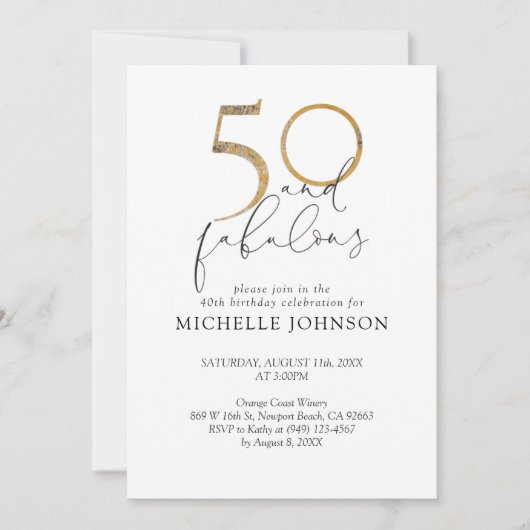 50と素晴らしい白黒と金ゴールドフォト誕生日 招待状 (正面)