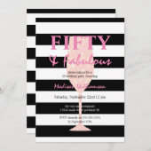 50と素晴らしい白黒ストライプピンクシャンパン 招待状 (正面/裏面)