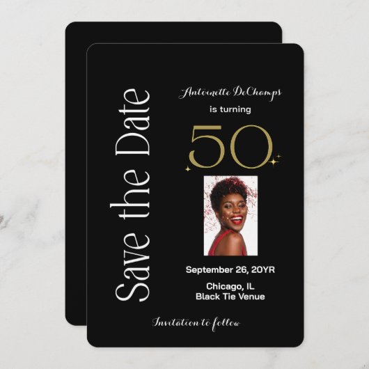 50と素晴らしい白黒金ゴールド誕生日パーティー セーブザデート (正面/裏面)