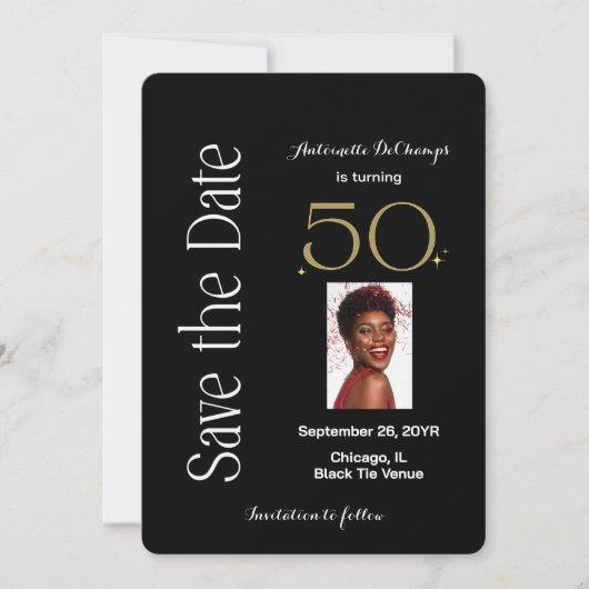 50と素晴らしい白黒金ゴールド誕生日パーティー セーブザデート (正面)