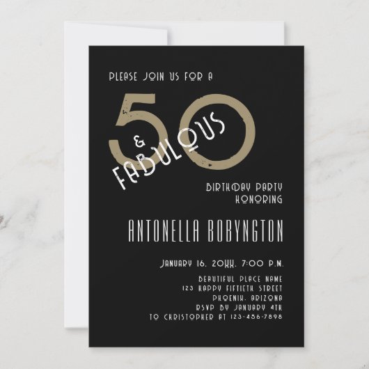 50と素晴らしい白黒金ゴールド誕生日パーティー 招待状 (正面)