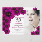 50と素晴らしい紫のフローラ50thフォト誕生日 招待状 (正面/裏面)