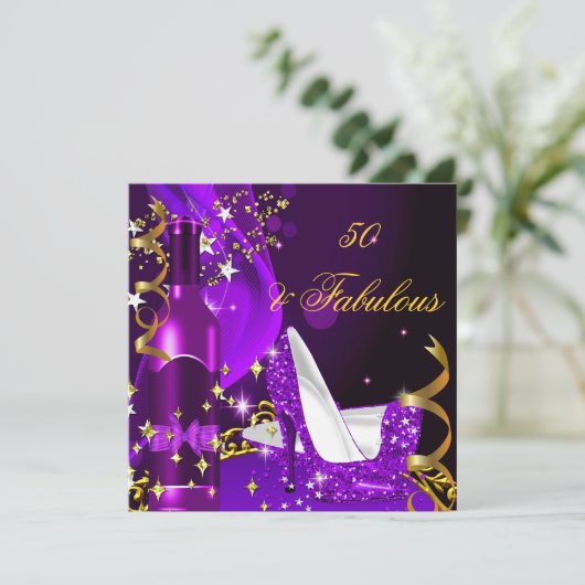 50と素晴らしい紫のマゼンタの誕生日パーティー 招待状 (スタンド正面)