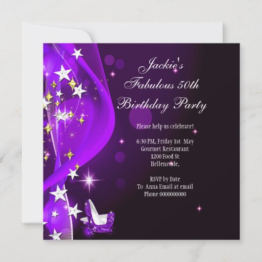 50と素晴らしい紫のマゼンタの誕生日パーティー 招待状 (裏面)