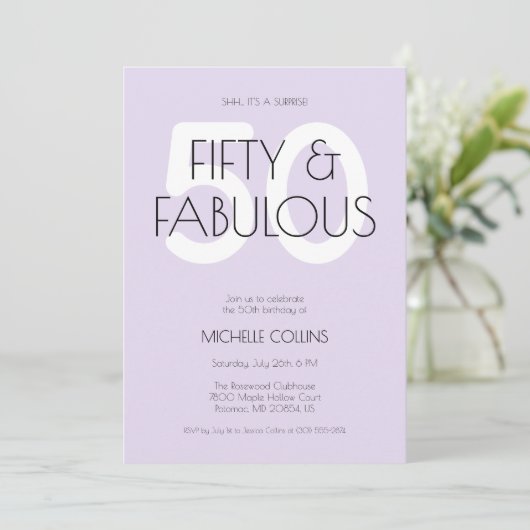 50と素晴らしい紫モダンの50歳の誕生日パーティー 招待状 (スタンド正面)
