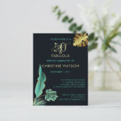 50と素晴らしい緑の金ゴールドのバースデー葉タ・パーティー インビテーションポストカード (スタンド正面)