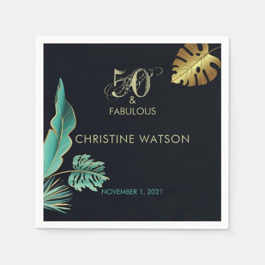 50と素晴らしい緑の金ゴールドのバースデー葉タ・パーティー スタンダードカクテルナプキン (正面)