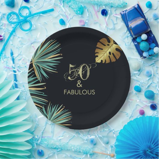 50と素晴らしい緑の金ゴールドのバースデー葉タ・パーティー ペーパープレート (パーティー)