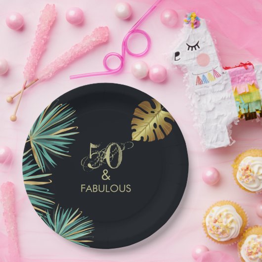 50と素晴らしい緑の金ゴールドのバースデー葉タ・パーティー ペーパープレート (パーティー)