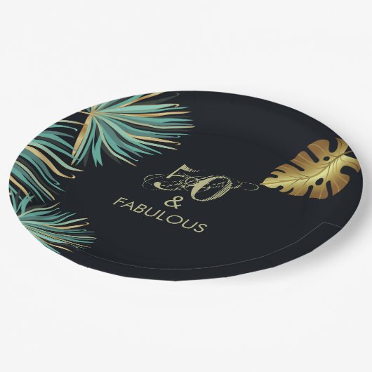 50と素晴らしい緑の金ゴールドのバースデー葉タ・パーティー ペーパープレート (アングル)