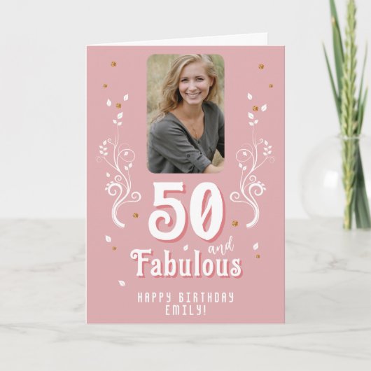 50と素晴らしい葉ピンク写真50誕生日 カード (正面)
