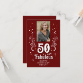50と素晴らしい葉レッド50誕生日写真 カード (正面/裏面インサイチュ)