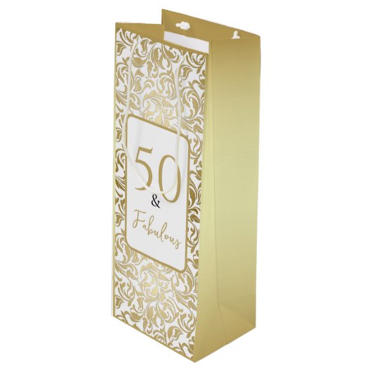 50と素晴らしい装飾金ゴールドフローラ旋回パターン ワインギフトバッグ (正面アングル)