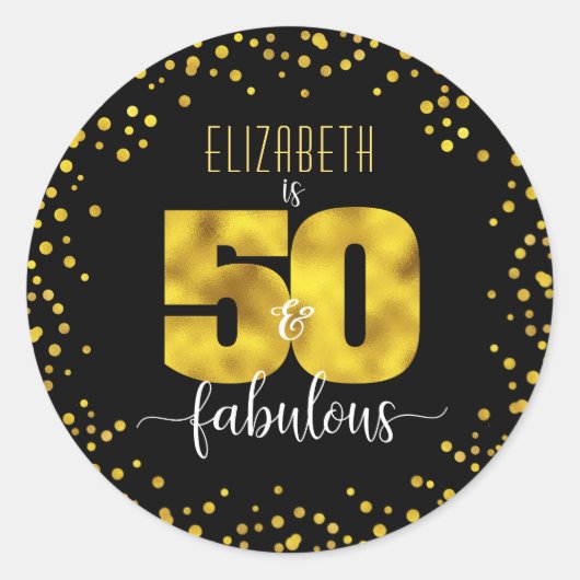 50と素晴らしい誕生日のシックな金ゴールドフォイルドットブラック ラウンドシール (正面)
