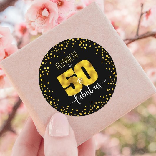 50と素晴らしい誕生日のシックな金ゴールドフォイルドットブラック ラウンドシール