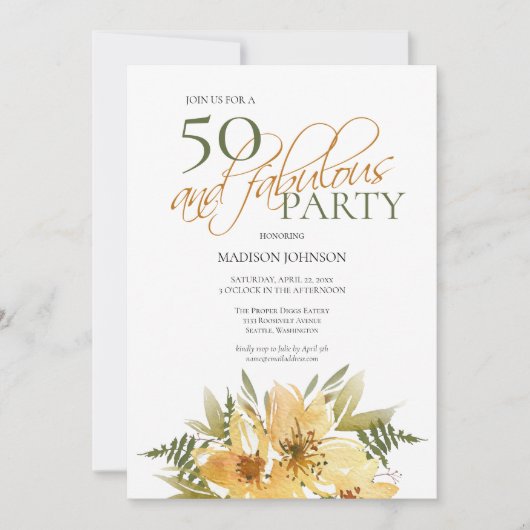 50と素晴らしい誕生日イエローとグリーンフローラ 招待状 (正面)